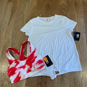 Ideology Activewear Set - White Tie Front Top & Red Print Medium Impact Bra XS
